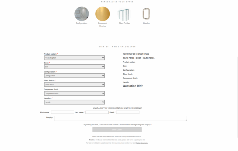 The Shower Lab - Price Calculator tool